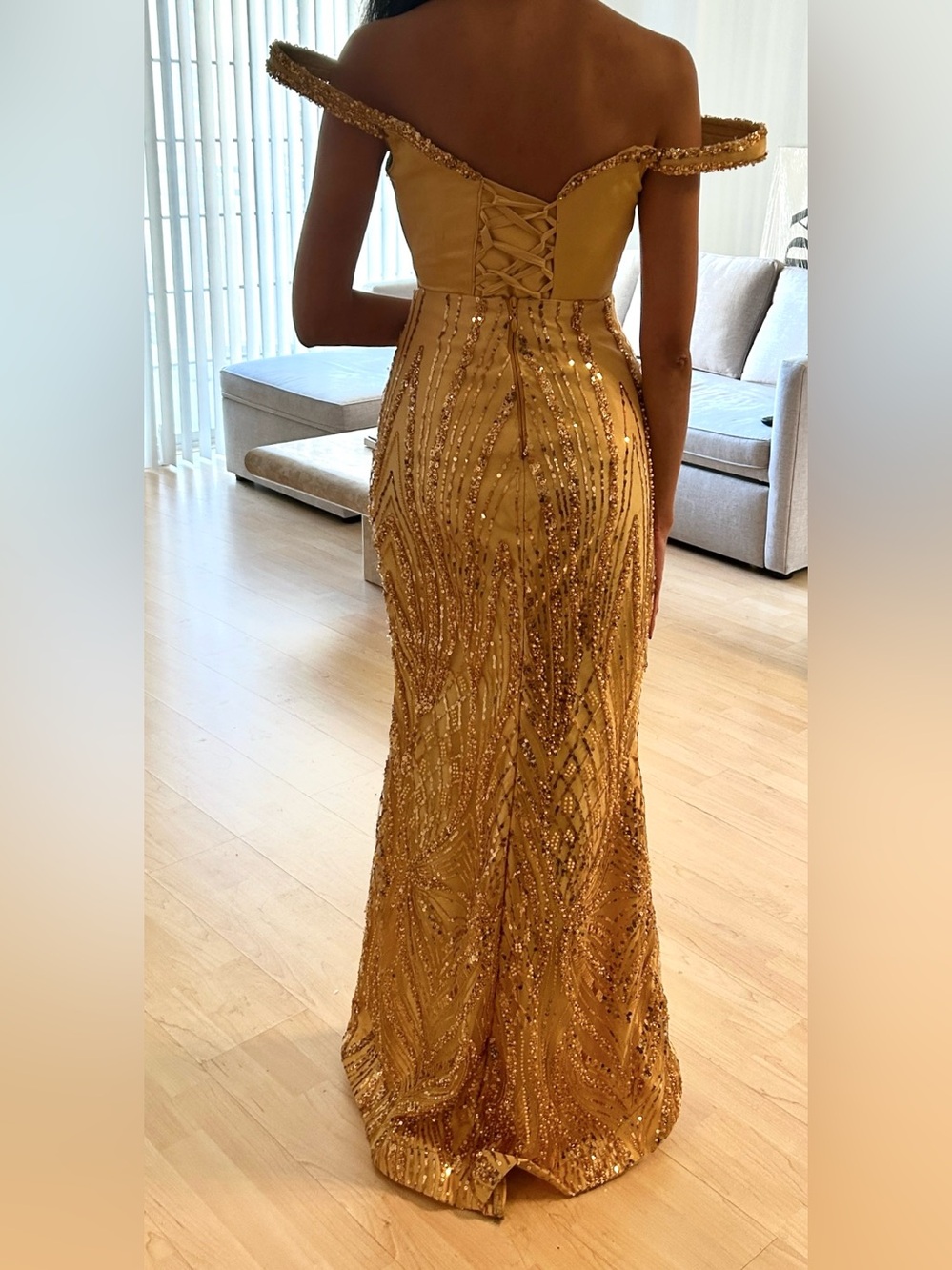 Custom Made Gold Embellished Off The Shoulder Corset Gown View 3